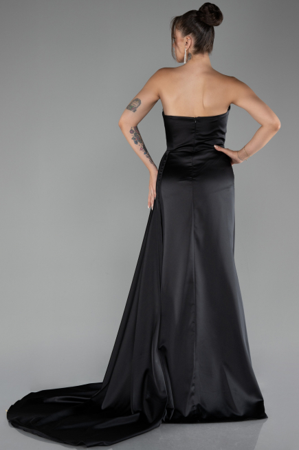 Black Strapless Slit Long Satin Prom Gown ABU4093