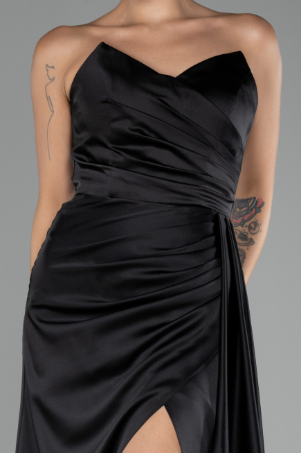 Black Strapless Slit Long Satin Prom Gown ABU4093