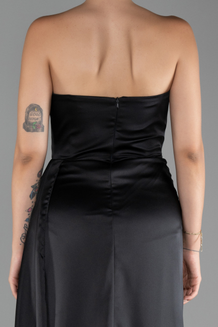 Black Strapless Slit Long Satin Prom Gown ABU4093