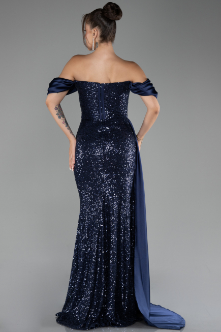 Navy Blue Boat Neck Slit Long Sequined Evening Gown ABU4085