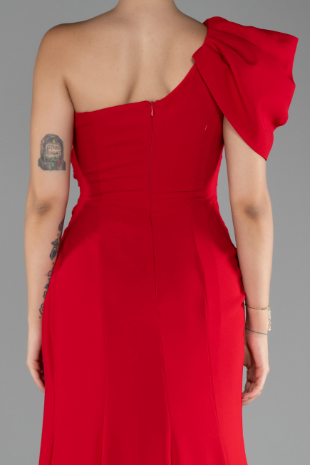 Red One Shoulder Slit Long Chiffon Prom Dress ABU4091