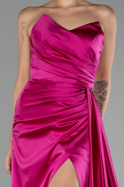 Fuchsia Strapless Slit Long Satin Prom Gown ABU4093