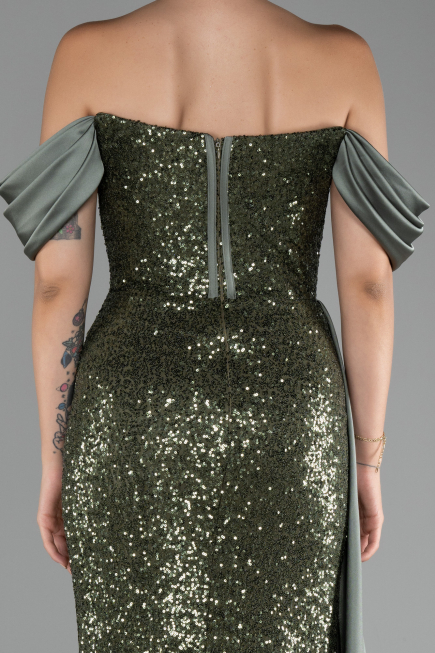 Olive Drab Boat Neck Slit Long Sequined Evening Gown ABU4085