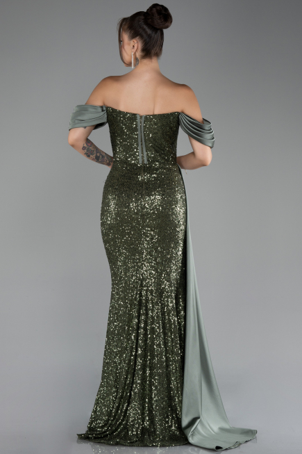 Olive Drab Boat Neck Slit Long Sequined Evening Gown ABU4085
