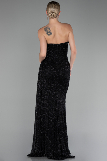 Black Strapless Slit Beaded Long Evening Gown ABU4114