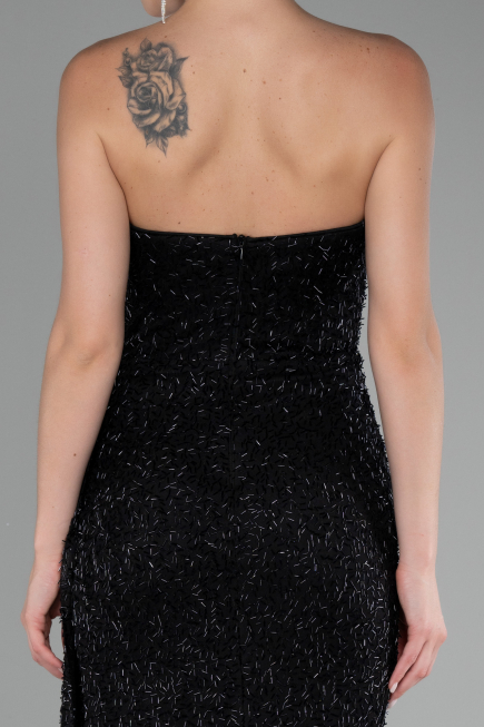 Black Strapless Slit Beaded Long Evening Gown ABU4114