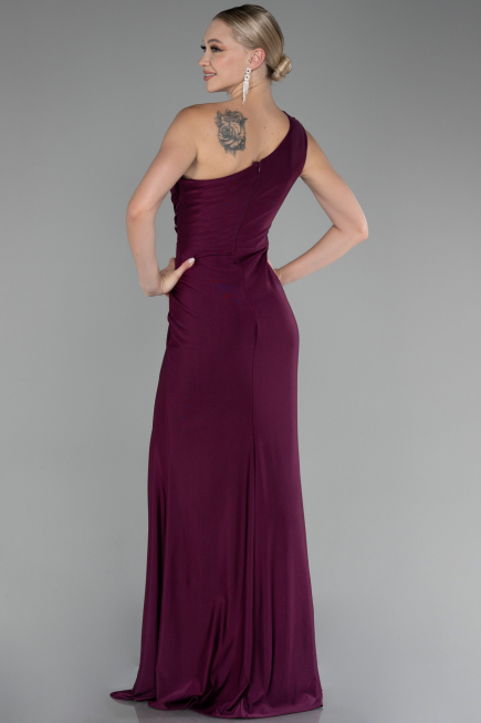 Cherry Colored One Shoulder Slit Long Evening Dress ABU4116