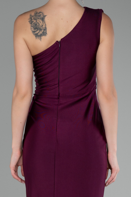 Cherry Colored One Shoulder Slit Long Evening Dress ABU4116