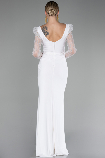 White Stoned Long Sleeve Slit Evening Gown ABU4117