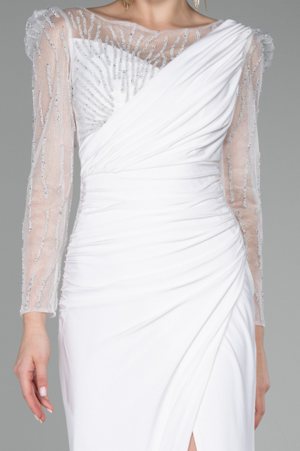 White Stoned Long Sleeve Slit Evening Gown ABU4117