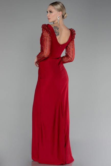 Red Stoned Long Sleeve Slit Evening Gown ABU4117
