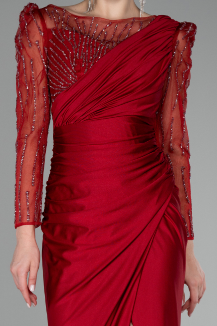 Red Stoned Long Sleeve Slit Evening Gown ABU4117