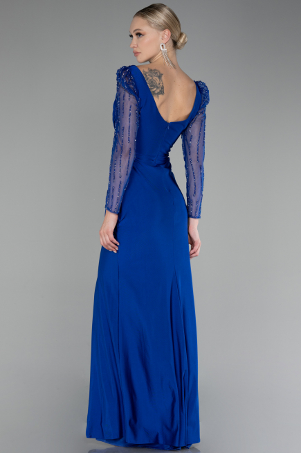 Sax Blue Stoned Long Sleeve Slit Evening Gown ABU4117