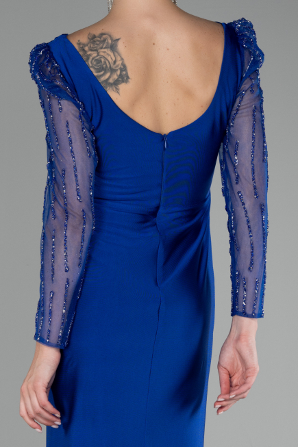 Sax Blue Stoned Long Sleeve Slit Evening Gown ABU4117