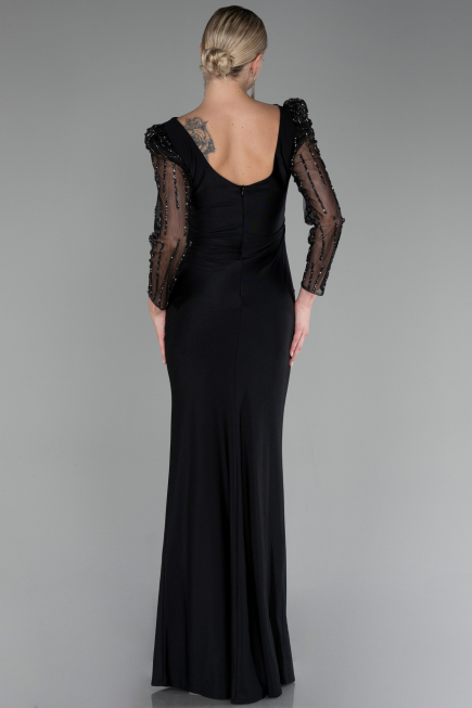 Black Stoned Long Sleeve Slit Plus Size Evening Gown ABU4119