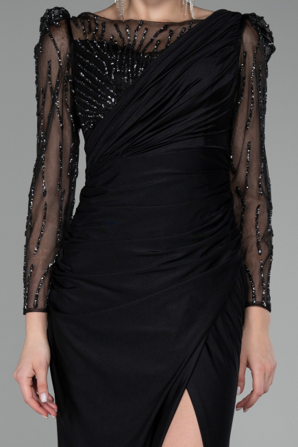 Black Stoned Long Sleeve Slit Plus Size Evening Gown ABU4119