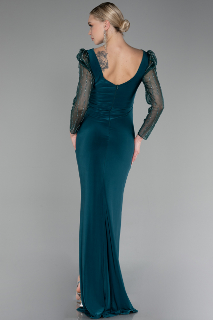 Emerald Green Stoned Long Sleeve Slit Evening Gown ABU4117