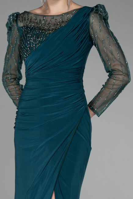Emerald Green Stoned Long Sleeve Slit Evening Gown ABU4117