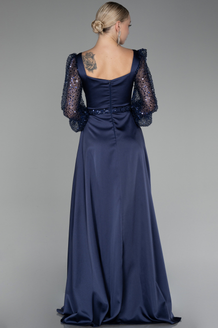 Navy Blue Sequined Long Sleeve Slit Satin Evening Dress ABU4121