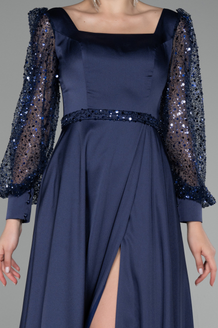 Navy Blue Sequined Long Sleeve Slit Satin Evening Dress ABU4121
