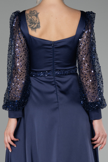 Navy Blue Sequined Long Sleeve Slit Satin Evening Dress ABU4121