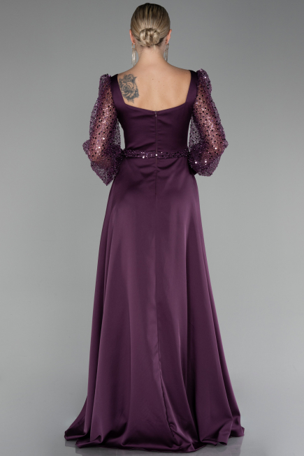 Purple Sequined Long Sleeve Slit Satin Evening Dress ABU4121