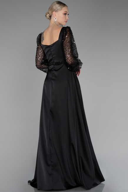 Black Sequined Long Sleeve Slit Satin Evening Dress ABU4121