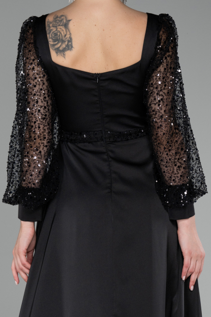 Black Sequined Long Sleeve Slit Satin Evening Dress ABU4121