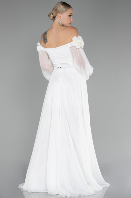 White Floral Boat Neck Long Sleeve Chiffon Prom Gown ABU4130