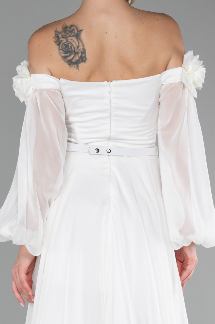 White Floral Boat Neck Long Sleeve Chiffon Prom Gown ABU4130