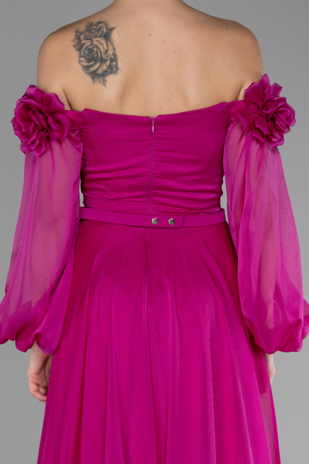 Fuchsia Floral Boat Neck Long Sleeve Chiffon Prom Gown ABU4130