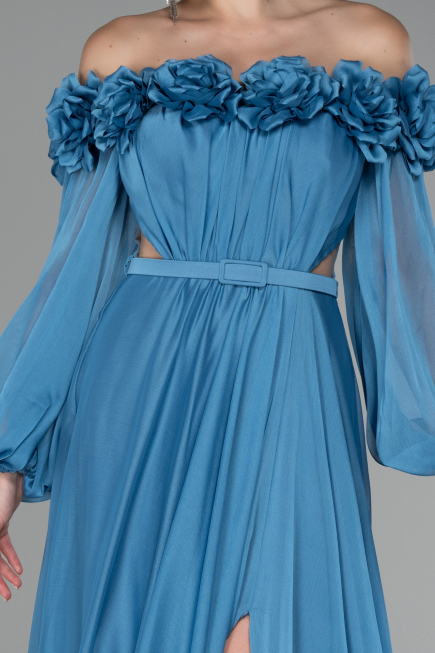 Indigo Floral Boat Neck Long Sleeve Chiffon Prom Gown ABU4130