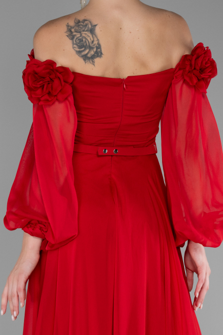 Red Floral Boat Neck Long Sleeve Chiffon Prom Gown ABU4130