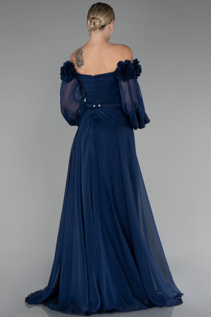 Navy Blue Floral Boat Neck Long Sleeve Chiffon Prom Gown ABU4130