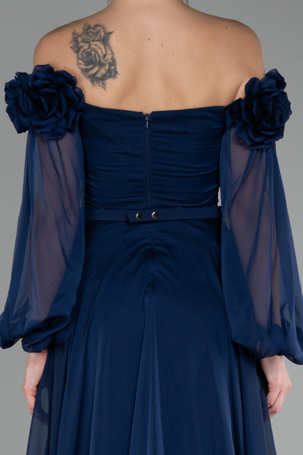 Navy Blue Floral Boat Neck Long Sleeve Chiffon Prom Gown ABU4130