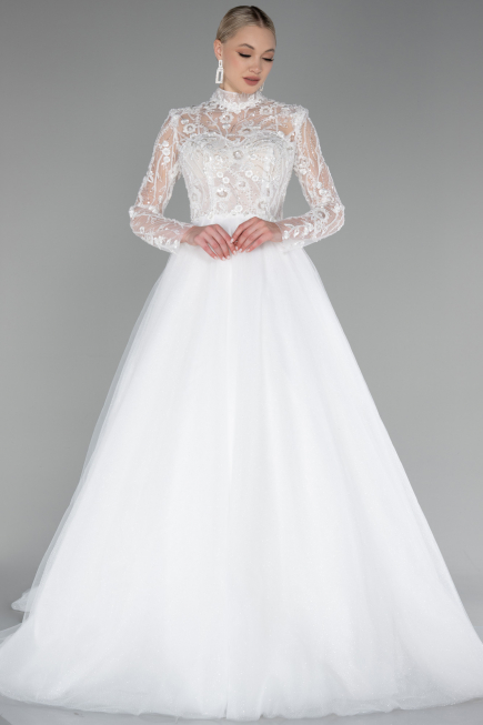 White Long Sleeve Embroidered Glitter Helen Wedding Dress ABU4107