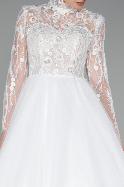 White Long Sleeve Embroidered Glitter Helen Wedding Dress ABU4107