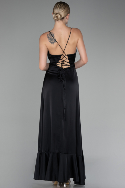 Black Front Short Back Long Satin Prom Gown ABO109