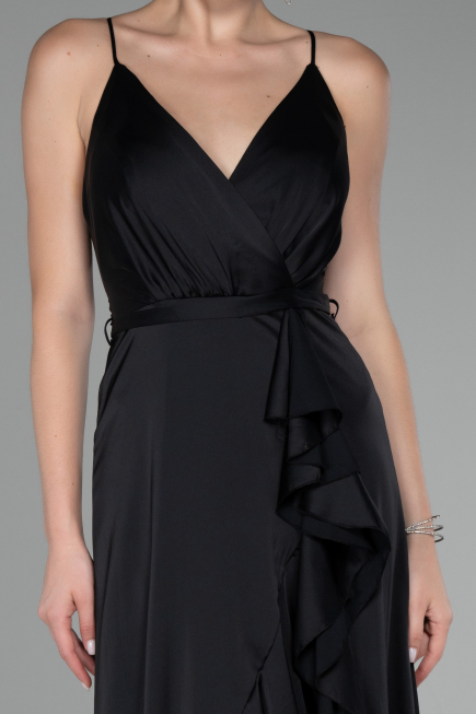 Black Front Short Back Long Satin Prom Gown ABO109