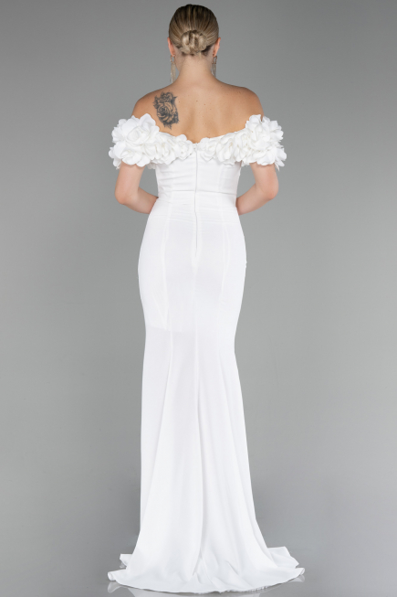White Boat Neck Slit Long Evening Dress ABU4080