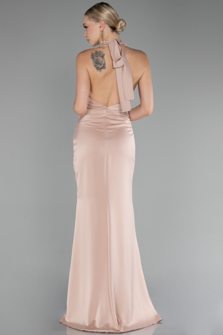 Beige Halter Neckline Slit Satin Evening Dress ABU4109