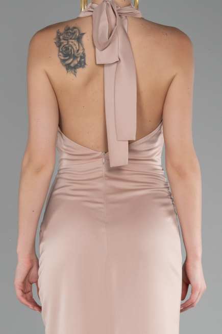Beige Halter Neckline Slit Satin Evening Dress ABU4109