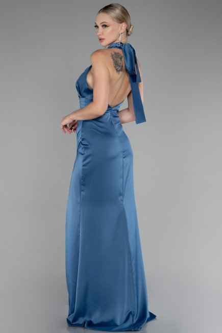 Indigo Halter Neckline Slit Satin Evening Dress ABU4109