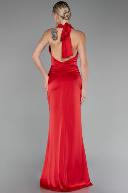 Red Halter Neckline Slit Satin Plus Size Evening Dress ABU4110