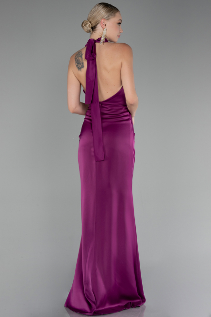 Plum Halter Neckline Slit Satin Plus Size Evening Dress ABU4110