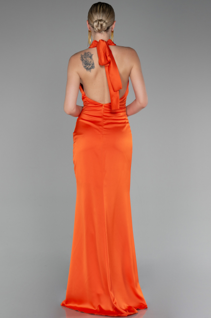 Orange Halter Neckline Slit Satin Plus Size Evening Dress ABU4110