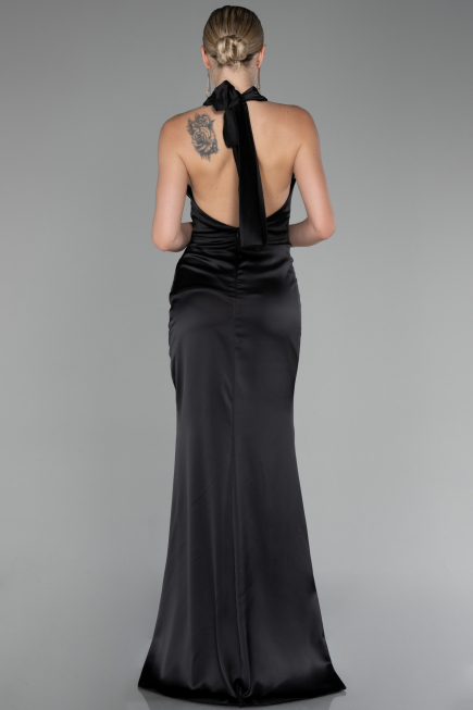 Black Halter Neckline Slit Satin Plus Size Evening Dress ABU4110