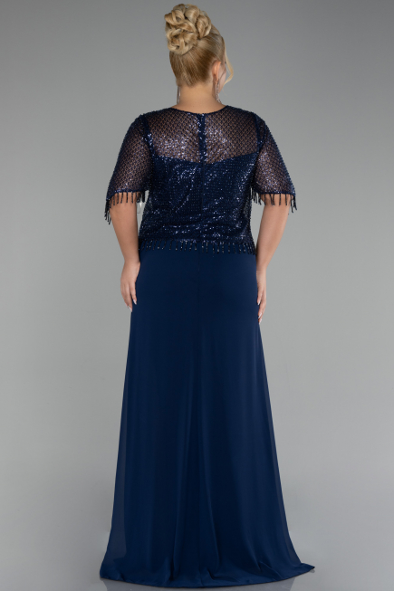 Long Navy Blue Chiffon Plus Size Evening Dress ABU4075
