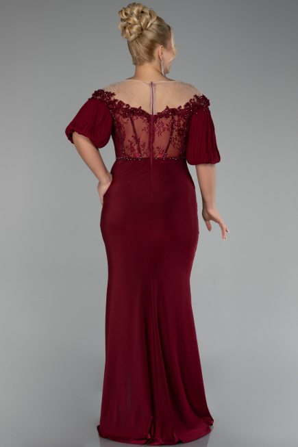 Burgundy Short Sleeve Embroidered Slit Long Plus Size Evening Gown ABU4100
