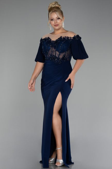 Navy Blue Short Sleeve Embroidered Slit Long Plus Size Evening Gown ABU4100